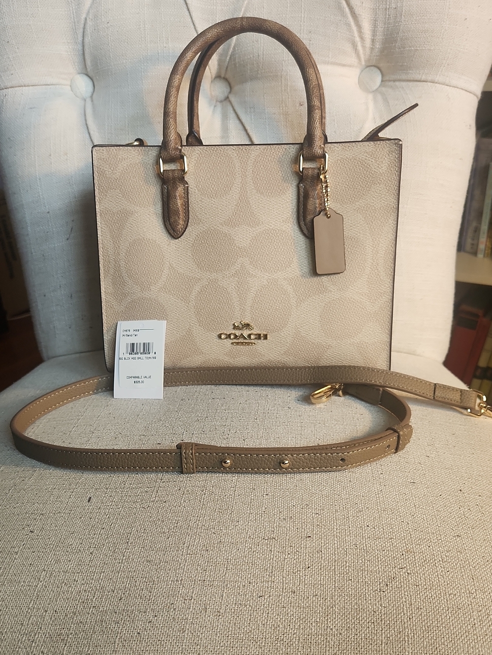 Coach Mini Tote in Khaki and Chalk Signature Canvas with Tan Leather Trim